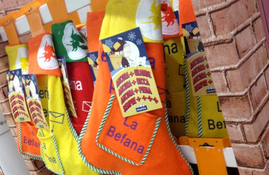 "Befana" is the name of the woman the legend is about. Kids receive chocolates in these stockings and special candy made to look like coal  for the times they have been bad that year.